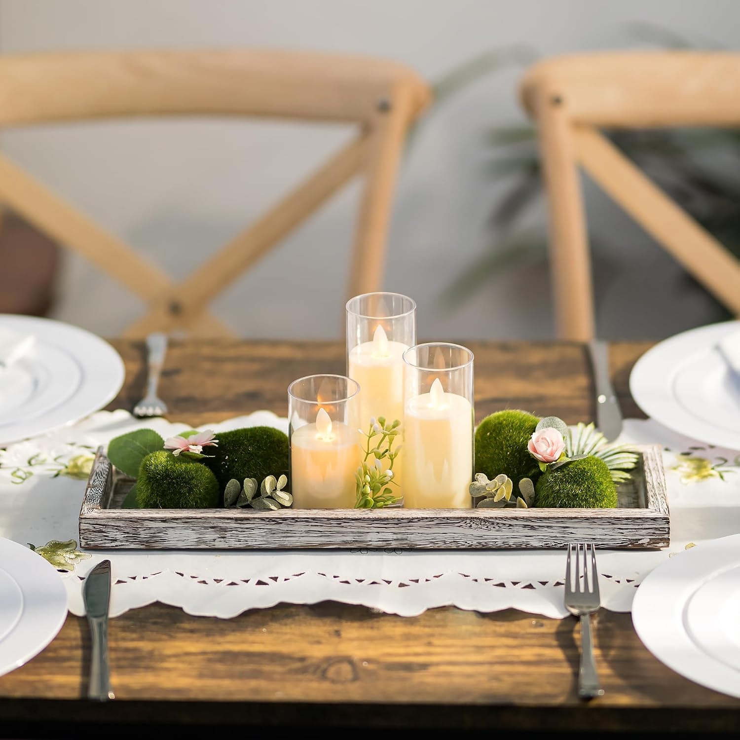 Romadedi Rustic Decorative Wood Candle Tray - 15" Wooden Long Narrow Tray Candle Holder, Farmhouse Small Trays for Coffee Table Centerpieces Dining Room Kitchen Countertop Home Decor, Whitewashed
