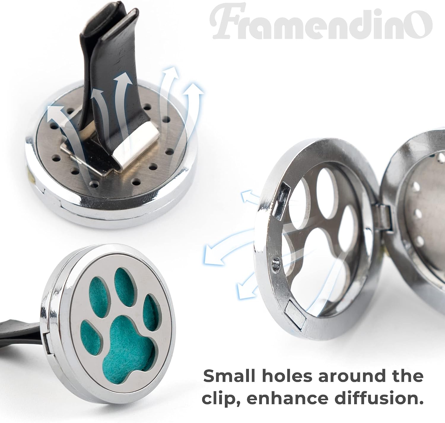 Framendino, 1 Pack Dog Paw Print Essential Car Oil Diffuser Aromatherapy Vent Clip Stainless Steel Air Freshener Lockets for Men Women Gifts Silver
