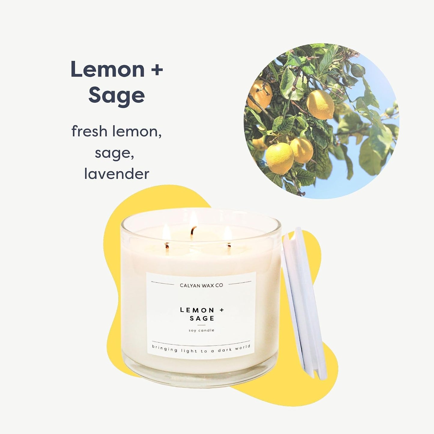 Calyan Wax Co. Lemon & Sage 3 Wick Scented Candle - 43 Hour Burn - Luxury 3 Wick Soy Candles - Soy Wax Candles - Long Lasting Large Glass Jar Candle for Home - 14.9oz