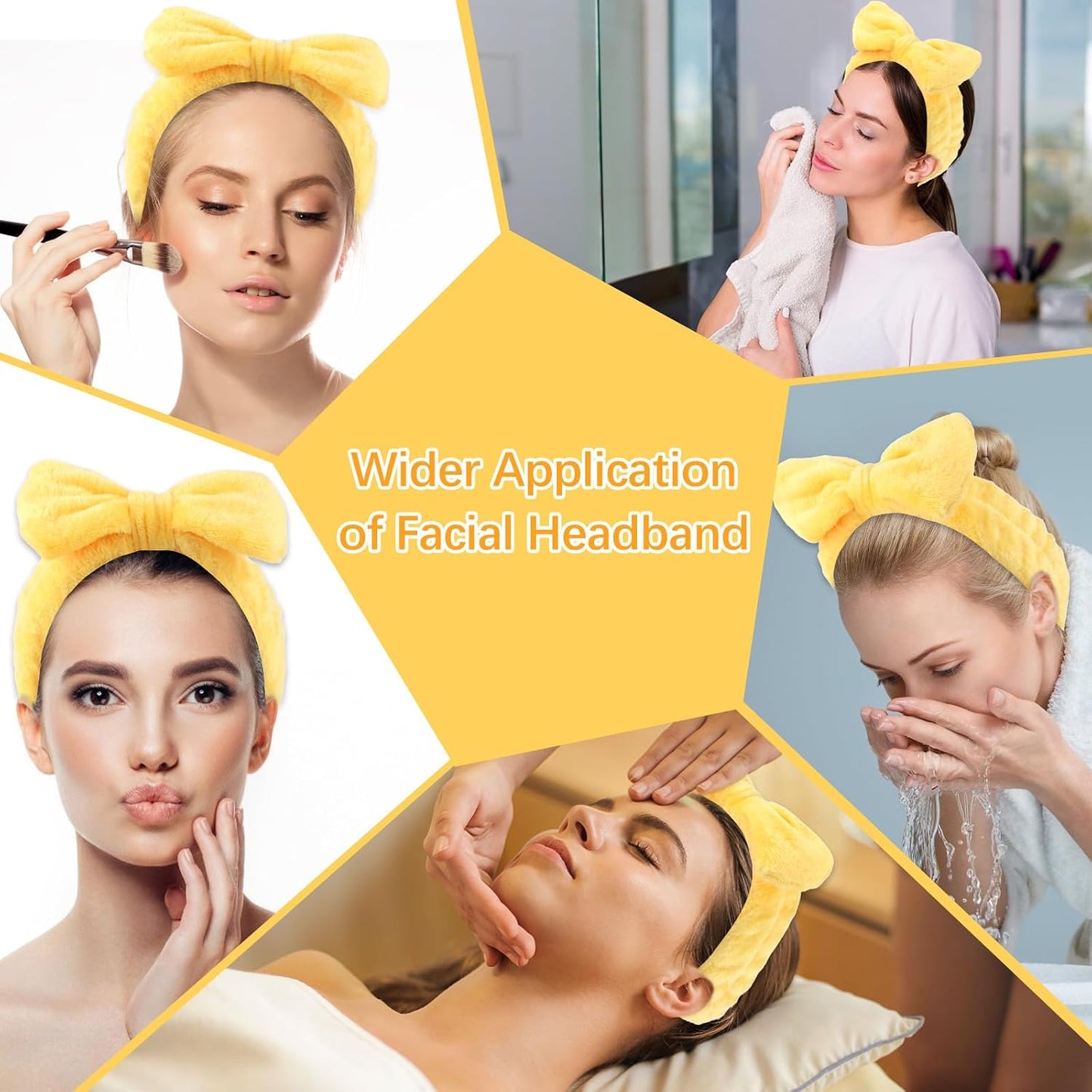Ondder 8 PCS Yellow Bow Spa Headbands for Women, Soft Coral Fleece Non Slip Makeup Headbands for Face Washing Skincare Yoga