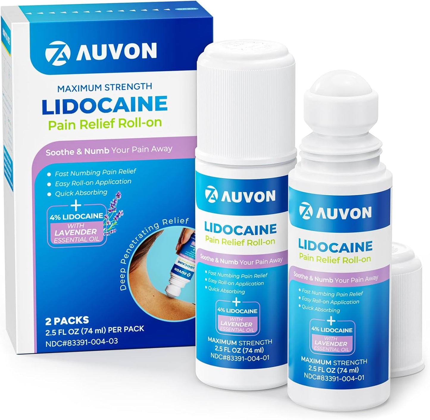 AUVON Max Strength Lidocaine Pain Relief Roll-On with Lavender Essential Oil, No Mess Applicator, Quick Absorbing to Numb & Soothe Pain Relief for Knees, Shoulders, 2.5 Oz, 2 Packs