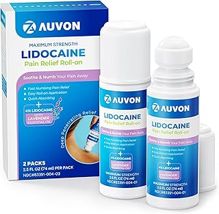 AUVON Max Strength Lidocaine Pain Relief Roll-On with Lavender Essential Oil, No Mess Applicator, Quick Absorbing to Numb & Soothe Pain Relief for Knees, Shoulders, 2.5 Oz, 2 Packs