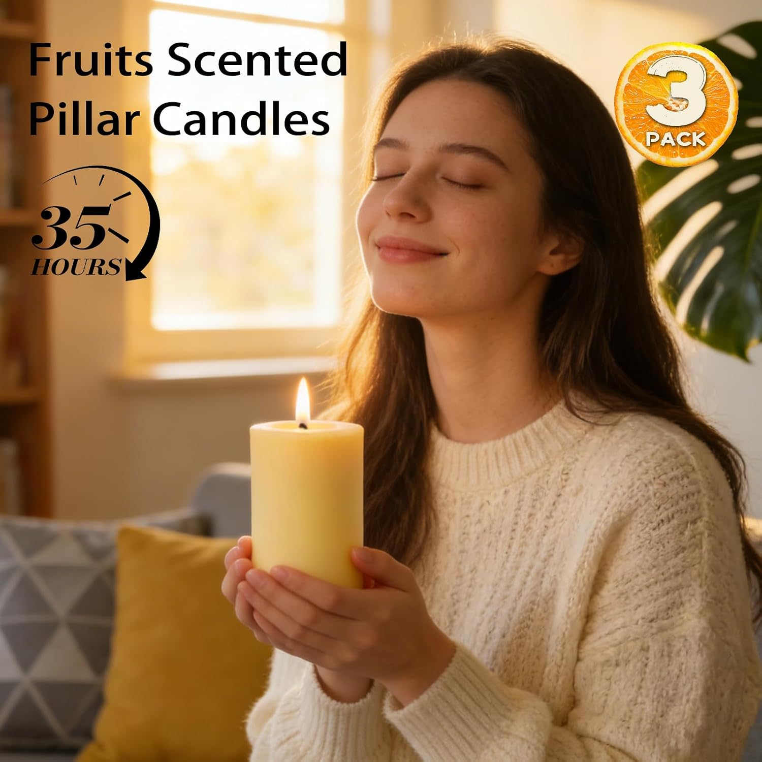 Orange Lemon Scented Beeswax Pillar Candles, Non-Toxic Natural Beeswax & Soy Scented Candles for Home, 35 Hour Clean Burn Smokeless Pillar Candle, 2x4 Inch