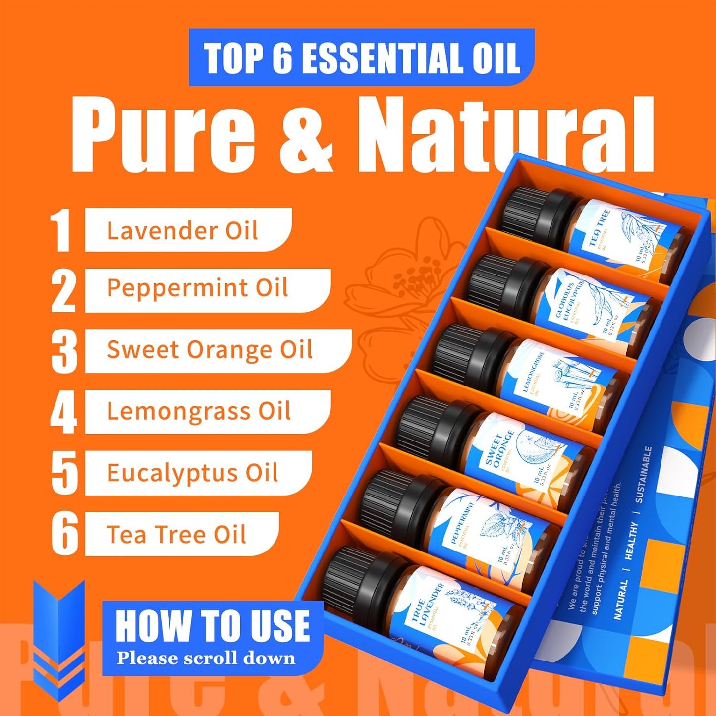 HIQILI Essential Oils for Diffusers for Home，Top 6 Gift Essential Oil Set，Include Lavender, Orange, Peppermint, Tea Tree, Eucalyptus, Lemongrass，Beginner Kit（10ML*6）