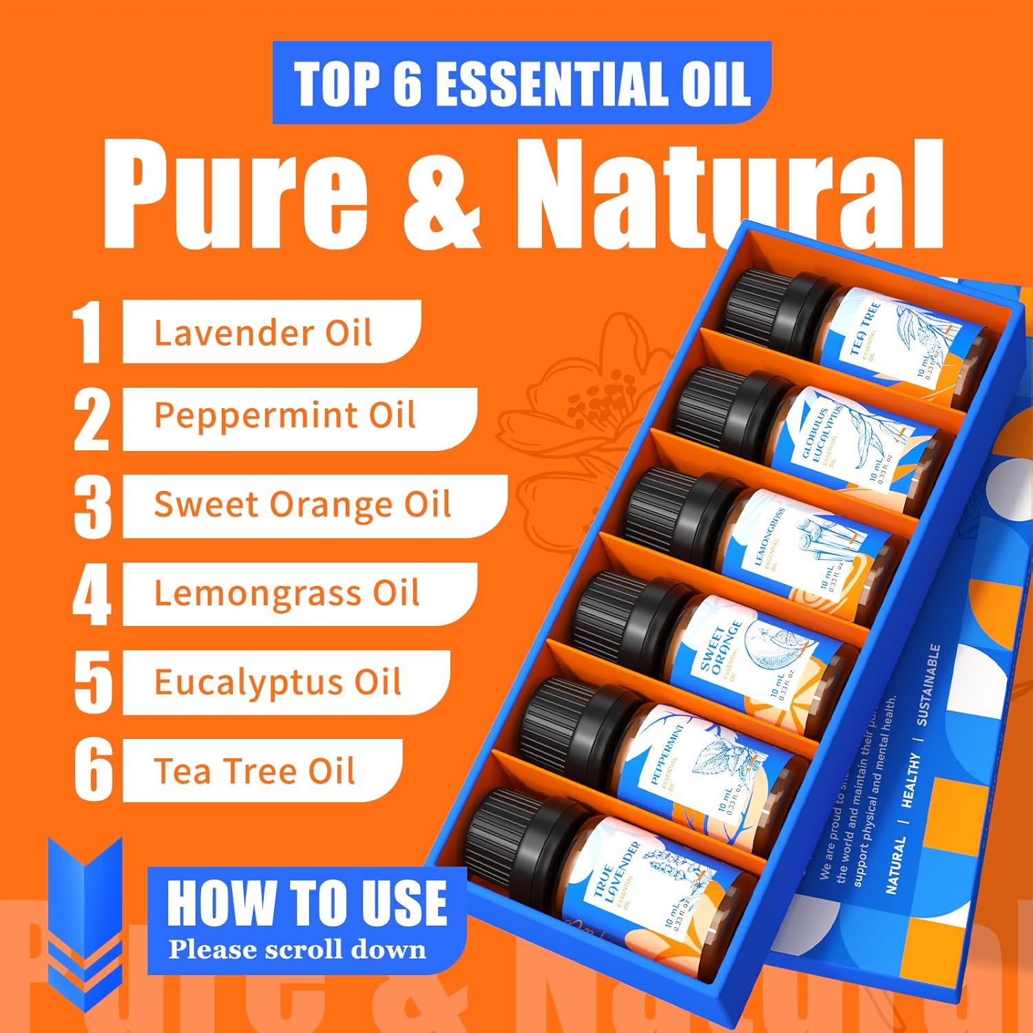 HIQILI Essential Oils for Diffusers for Home，Top 6 Gift Essential Oil Set，Include Lavender, Orange, Peppermint, Tea Tree, Eucalyptus, Lemongrass，Beginner Kit（10ML*6）