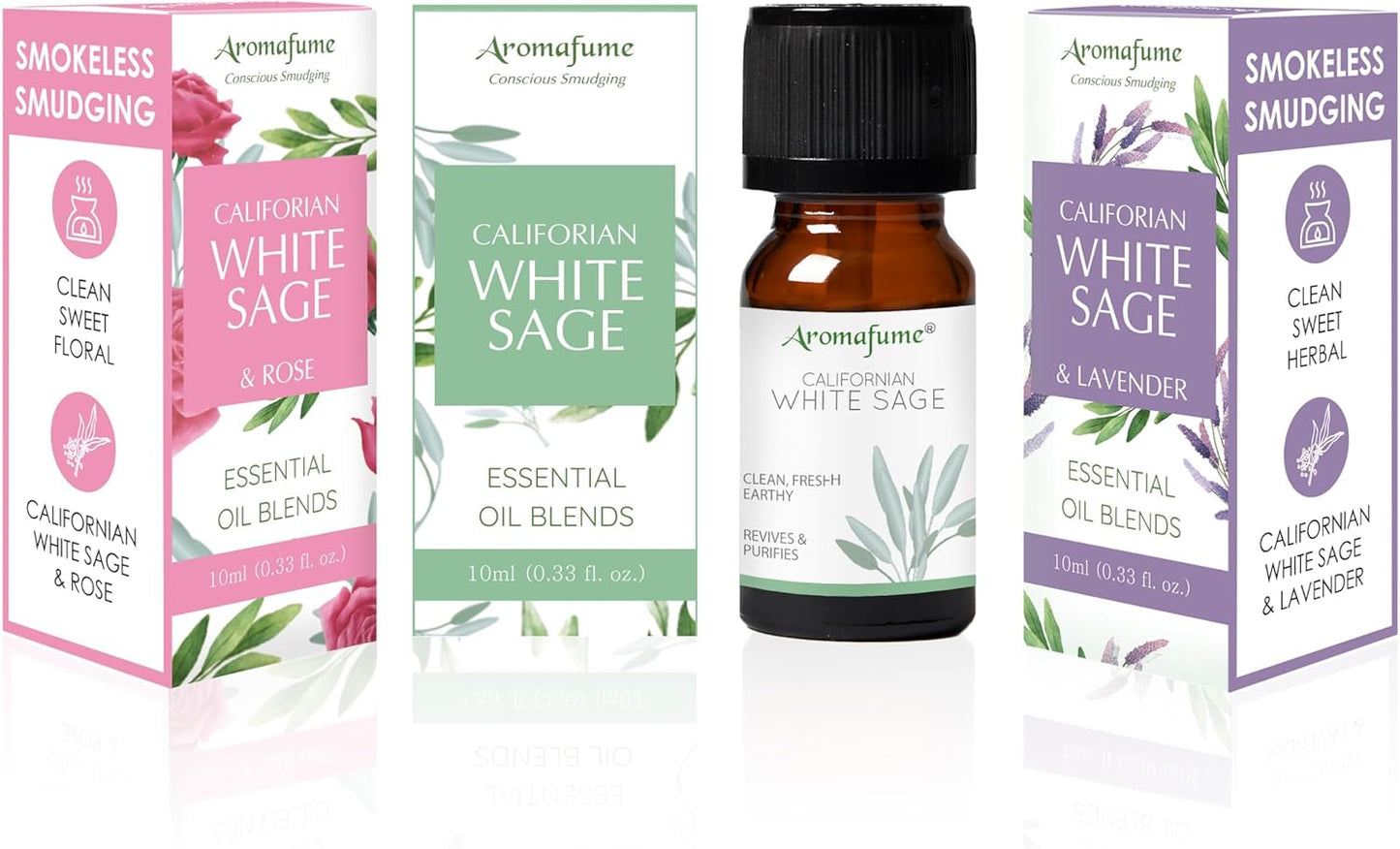 White Sage, White Sage with Lavender & Rose Essential Oil Diffuser Blend by Aromafume | 3 x 10ml | Essential Oil Blend | Smoke-Free, Non Toxic Alternative to Smudging