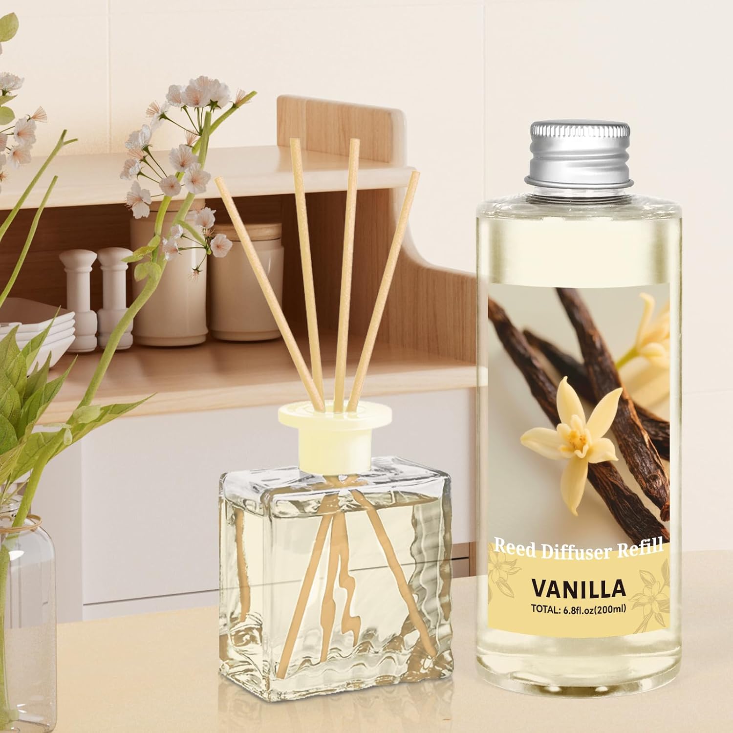 STRN Reed Diffuser Oil Refill, Vanilla Scented Diffuser Oil Refills with 6 Reed Sticks 200ML(6.8fl.oz), Room Fresheners for Home, Long-Lasting Summer Fragrance for Living Room, Bedroom, Office