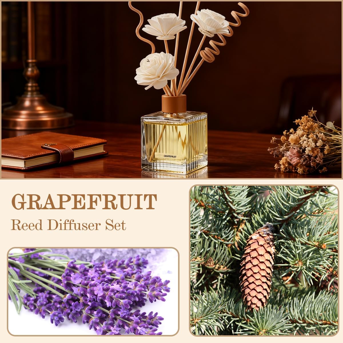 Lavender & Cedarwood Reed Diffuser - 6.7 oz Glass Bottle with 4 Rattan Sticks, 3 Dried Flowers | Adjustable, Long-Lasting Scent for Home, Bedroom, Living Room, Office, Bathroom | Aromatherapy Gift