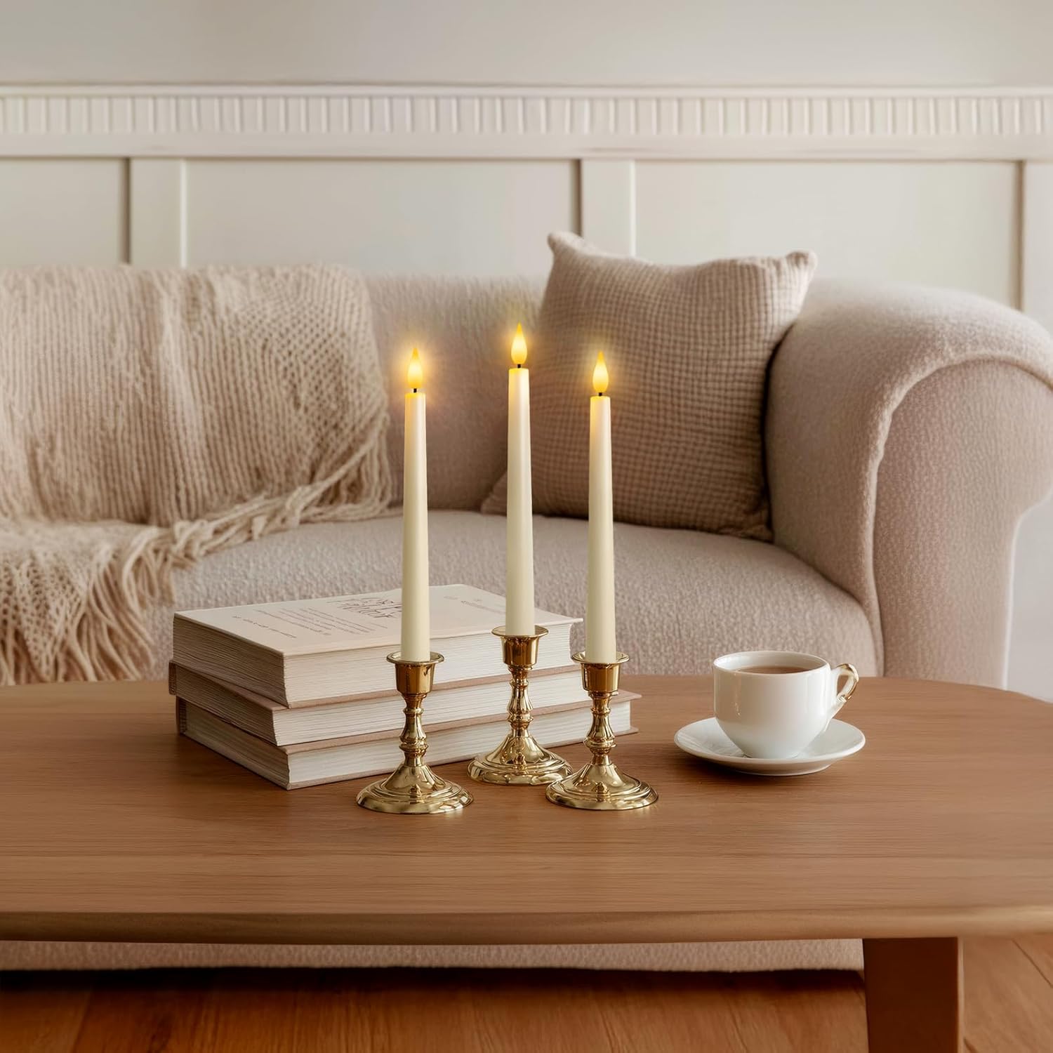 12 Pcs Flameless Taper Candles with Remote, Timer, Plastic Battery Operated Window Candles, 9.6 Inches Ivory LED Candlesticks, for Halloween Christmas Home Decoration