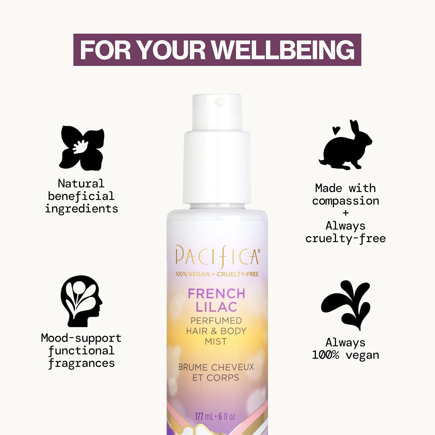 Pacifica French Lilac Hair & Body Mist – Clean Vegan Floral Hair Perfume Spray for Women, Fresh-Cut Lilac, Magnolia & Heliotrope Notes, Alcohol-Free Head-to-Toe Fragrance, Cruelty-Free, 6 Fl Oz