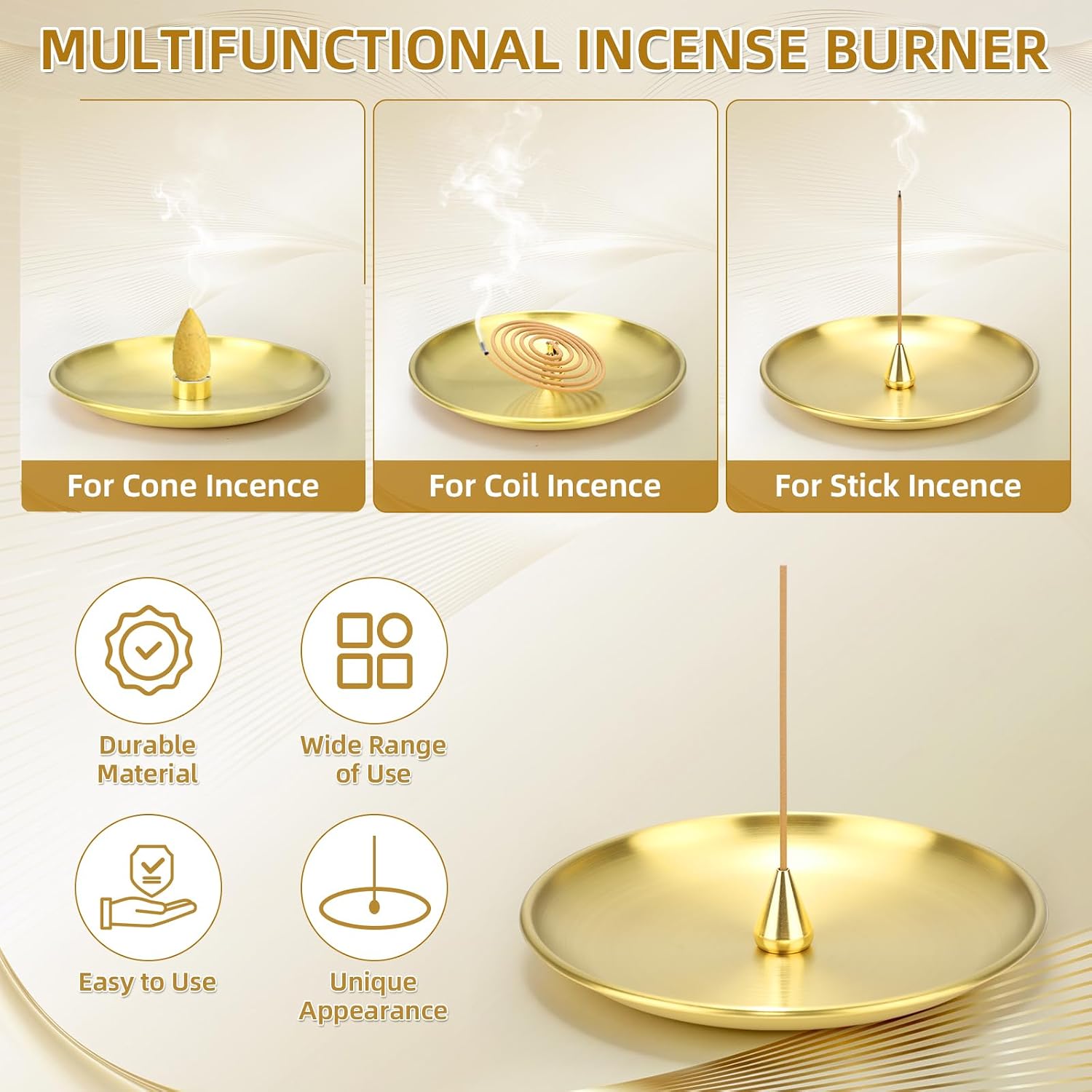 Baderke 12 Set 4 in 1 Incense Burner 5.5 Inch Brass Incense Holder for Sticks Coil Cones Brass Ash Catcher for Meditation Yoga Room, Home Fragrance Decoration