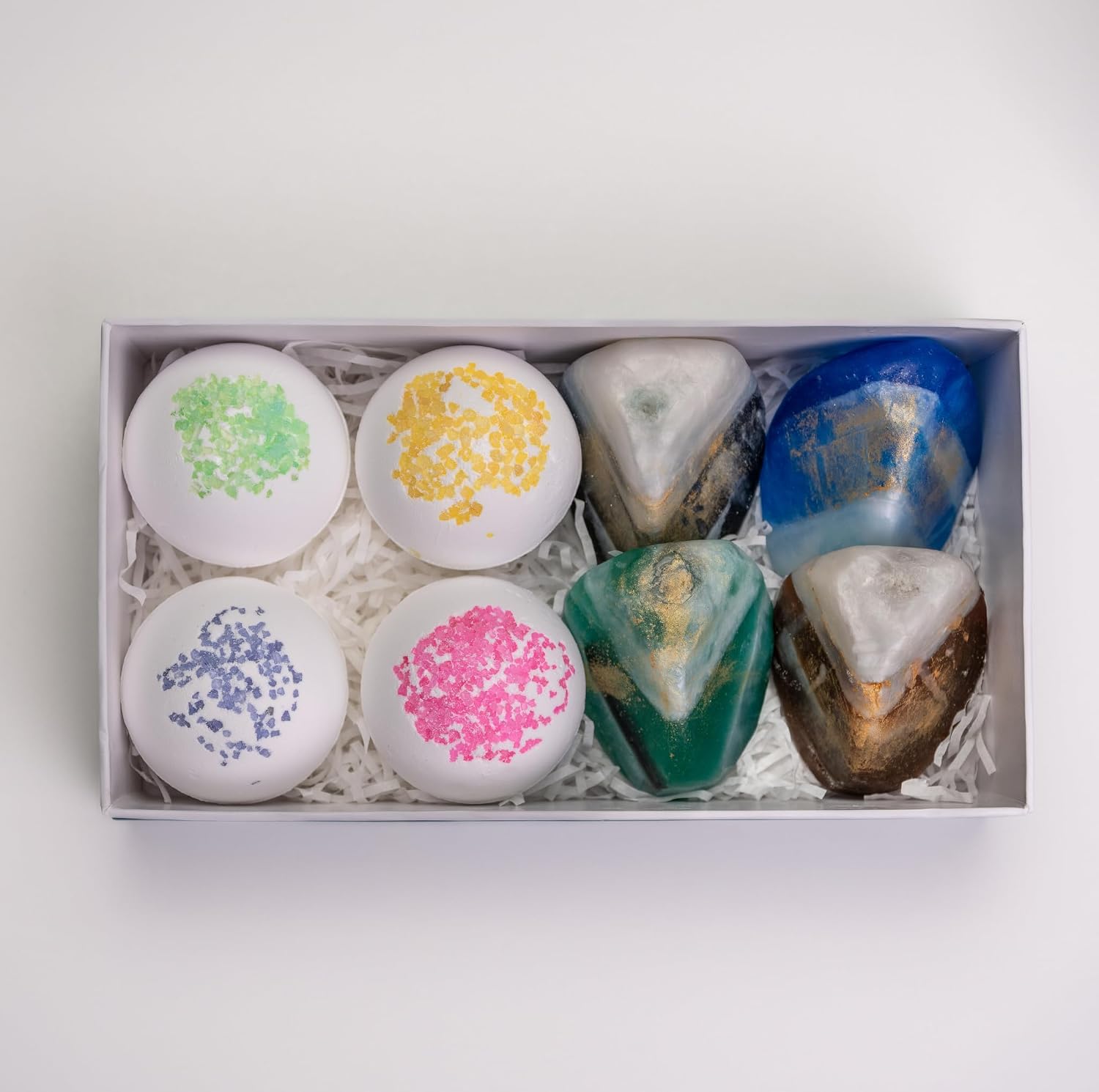 Gemstone Soap & Bath Bomb Set- Relaxing Spa Gift for women- Mothers day gift set- 4 Decorative scented Rock Soap with Crystals and 4 Fizzy Bath Bomb- with Natural Ingredients & Essential Oil