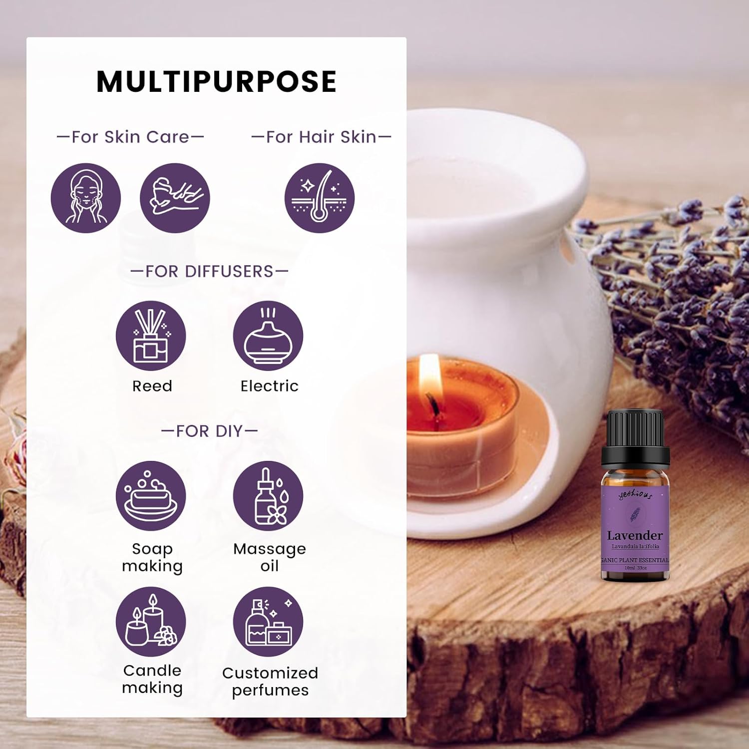 yethious Lavender Essential Oils for Diffuser & Aromatherapy Pure Lavender Oil Organic Plant Oils
