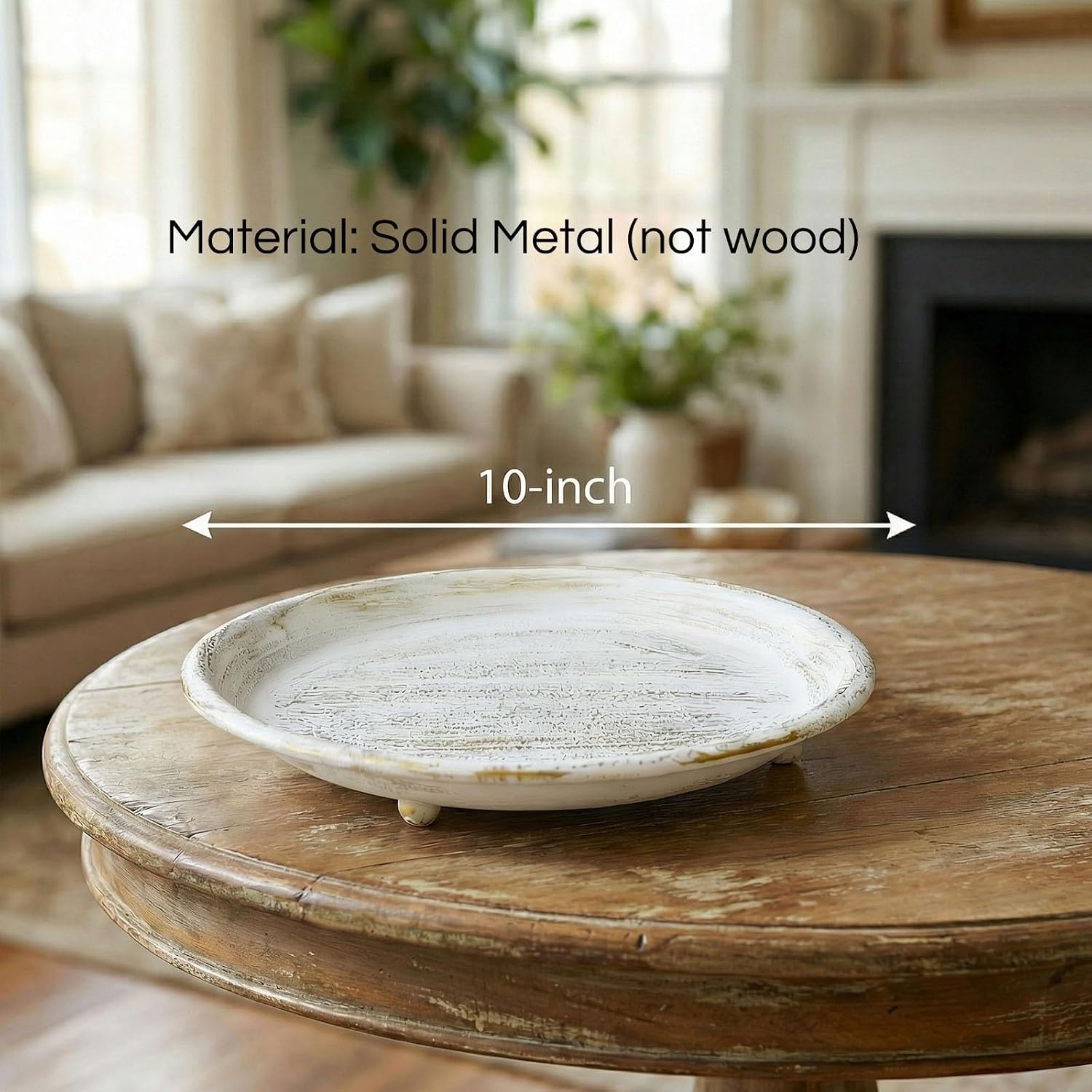 10” Candle Holder Plate Tray for Coffee Table Decor, Dining Table Centerpiece, Rustic Farmhouse Home Decoration - White