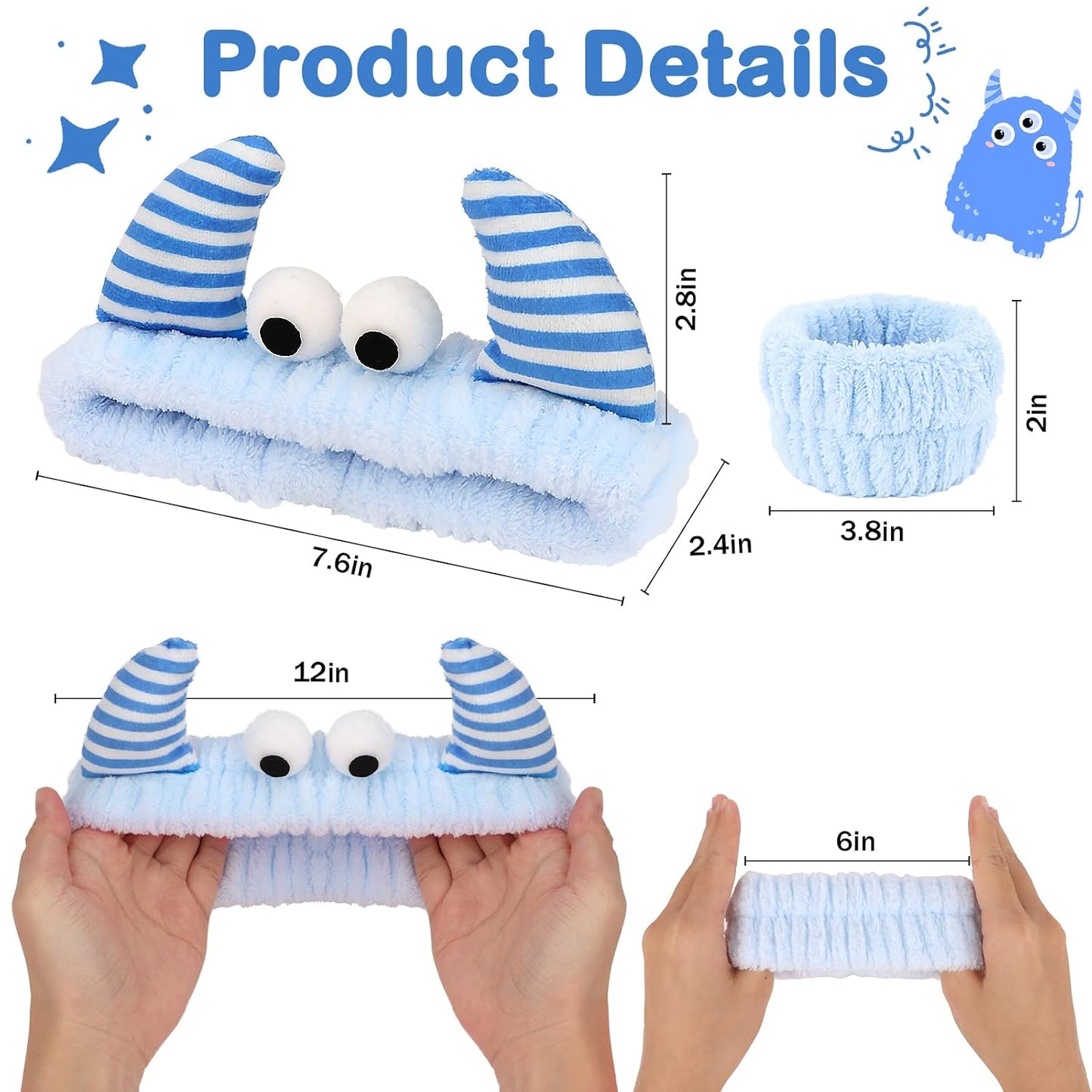 CAVETEE Monster Headband, Cute Soft Coral Fleece Spa Headbands for Washing Face Skincare Makeup Hair Accessories for Women