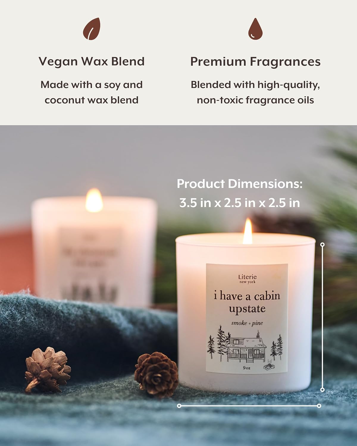 Literie NYC Inspired Scented Candle: I Have a Cabin in Upstate - Smoke & Pine Scent, 9oz, 50 Hour Burn, Vegan Soy & Coconut Blend Candle for Home Decor, Gift for Women & Men
