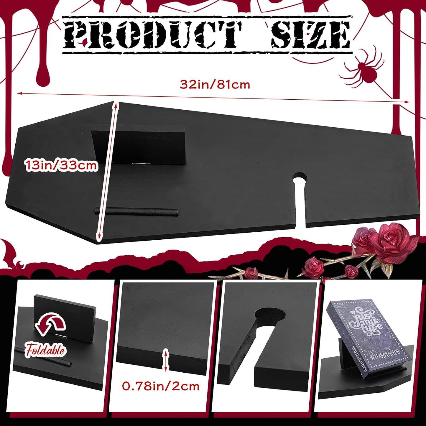 Barydat Halloween Decorations Coffin Bath Tray Gothic Coffin Serving Tray with Tablet Stand Spooky Goth Bathtub Caddy Black Wood Bath Board for Halloween Home Decor Bathroom Accessories