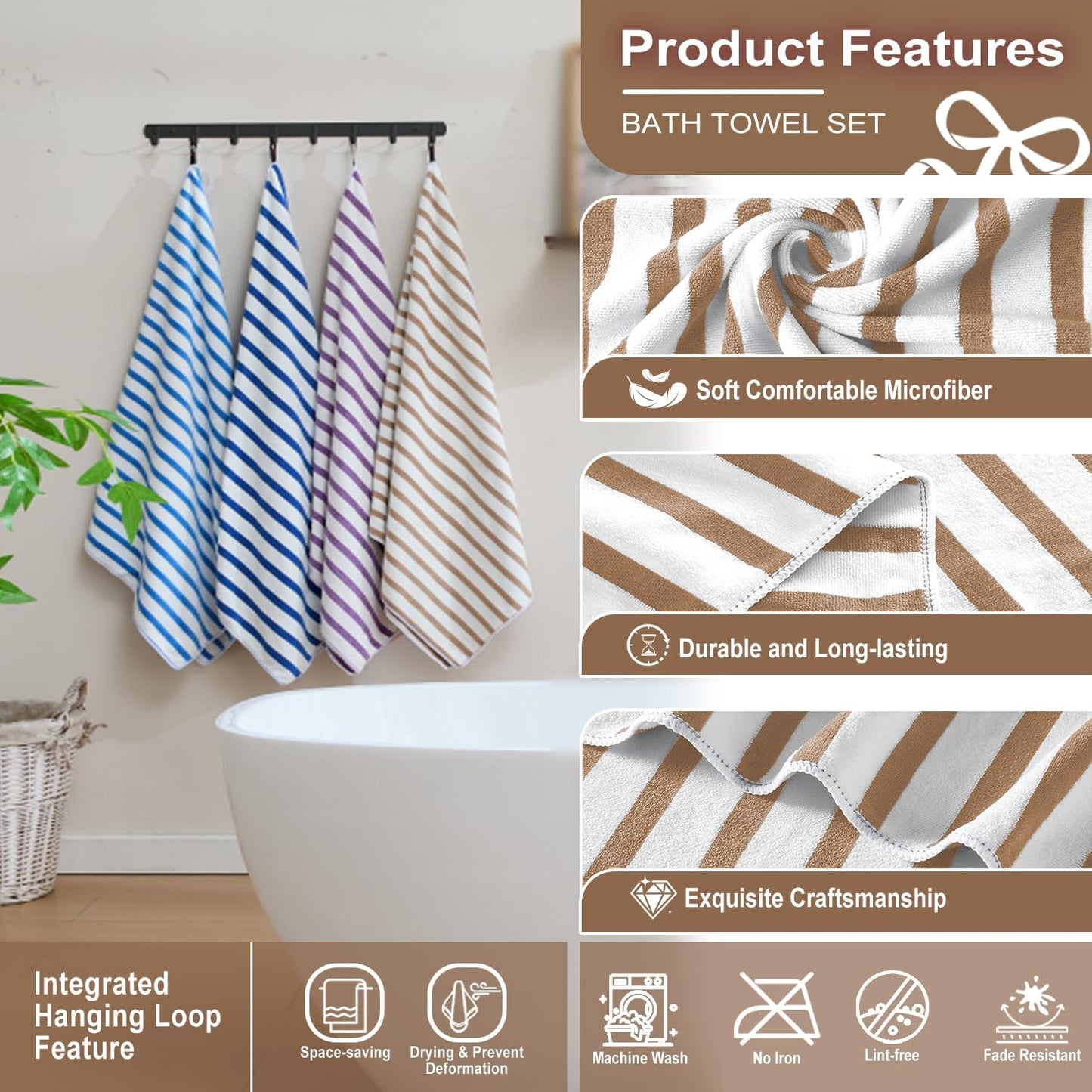 JML Microfiber Beach Towels Set, 6 Pack, 27" x 55", Cabana Stripe Coffee | Hanging Loop, Soft, Absorbent, Quick Dry, Lint-free, No Fading, For Swimming Pool Party