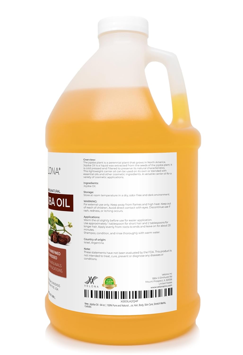 velona Jojoba Oil - 64 oz | 100% Pure and Natural | Golden, Unrefined, Cold Pressed, Hexane Free | Moisturizing Face, Hair, Body, Skin Care, Cuticles