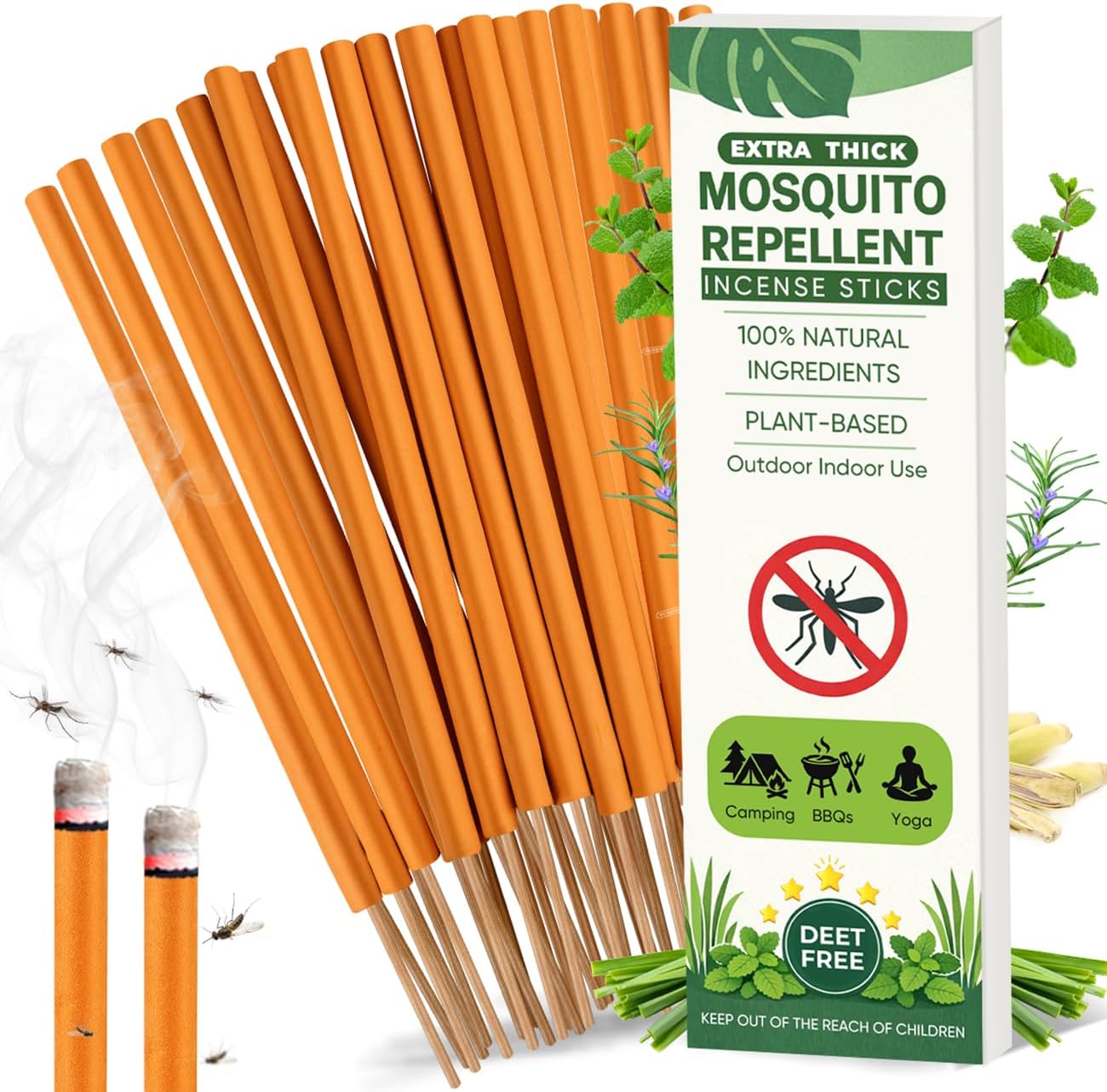 Extra Large Mosquito Repellent Sticks, 24 Pack Portable Extra Thick Citronella Incense Sticks, DEET Free, Plant Based Ingredients, Up to 120 Minute Burn Time, Outdoor Bug Repellent for Patio & Camping