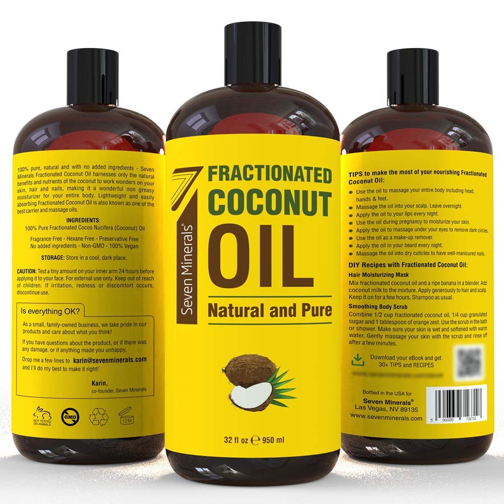 Seven Minerals, Pure Fractionated Coconut Oil - Big 32 fl oz Bottle - Non-GMO, 100% Natural, Lightweight Massage Oil for Massage Therapy on Skin, Hair, More - Perfect Carrier Oil for Essential Oils