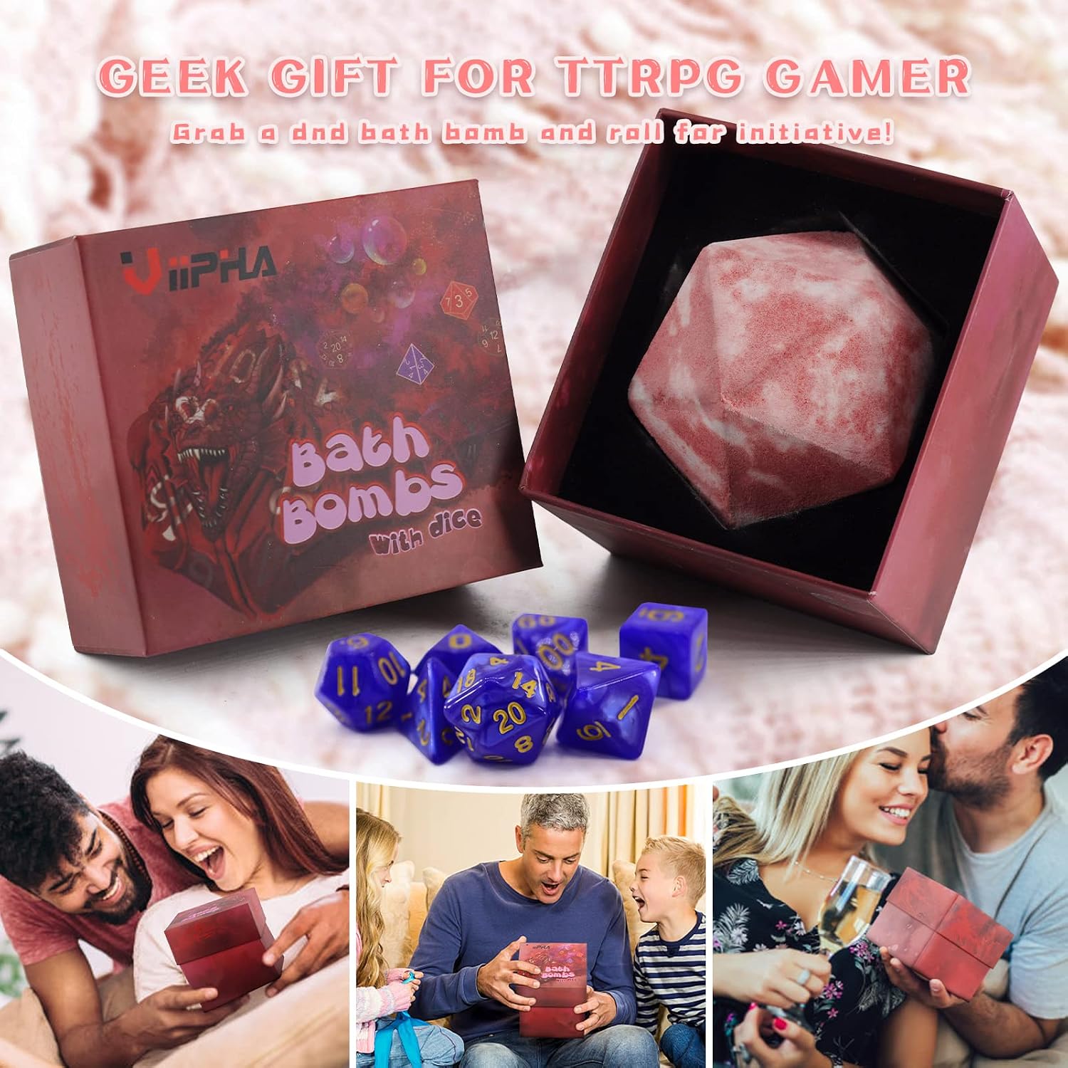 D20 Bath Bomb with Hidden Polyhedral Dice Set, Dragon Blood Scent | 11 oz D20 Shape, Hidden 7-Piece Dice Set, Peach & Rose Scent, Skin-Nourishing Formula, Gift for RPG Gamers & Fans