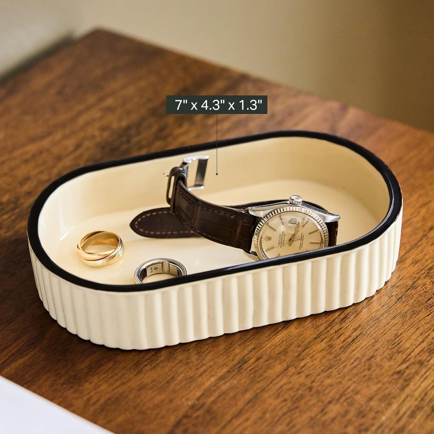 Preston Lane Signature Ceramic Tray – Handmade in Portugal with Fluted Edges & Hand-Painted Trim – Decorative Organizer or Home Accent, Medium, Alabaster 7 x 4.3 x 1.3