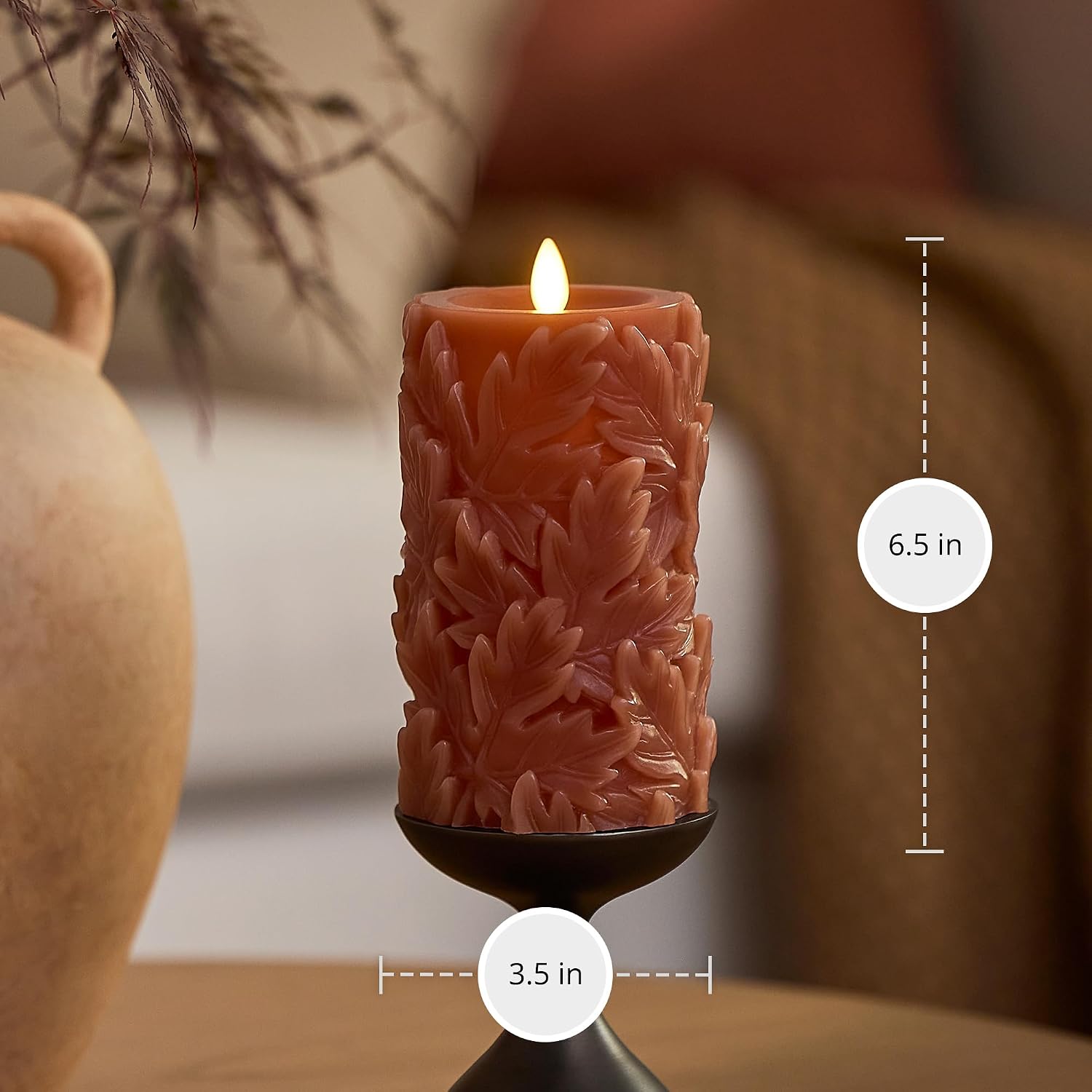 Luminara Flameless Caramel Cafe Embossed Leaves 3.5" x 6.5" Pillar, Battery Operated & Timer Function, Fall Decorations Indoor Candle Moving Flickering Flame LED Light, Remote Ready (Sold Separately)