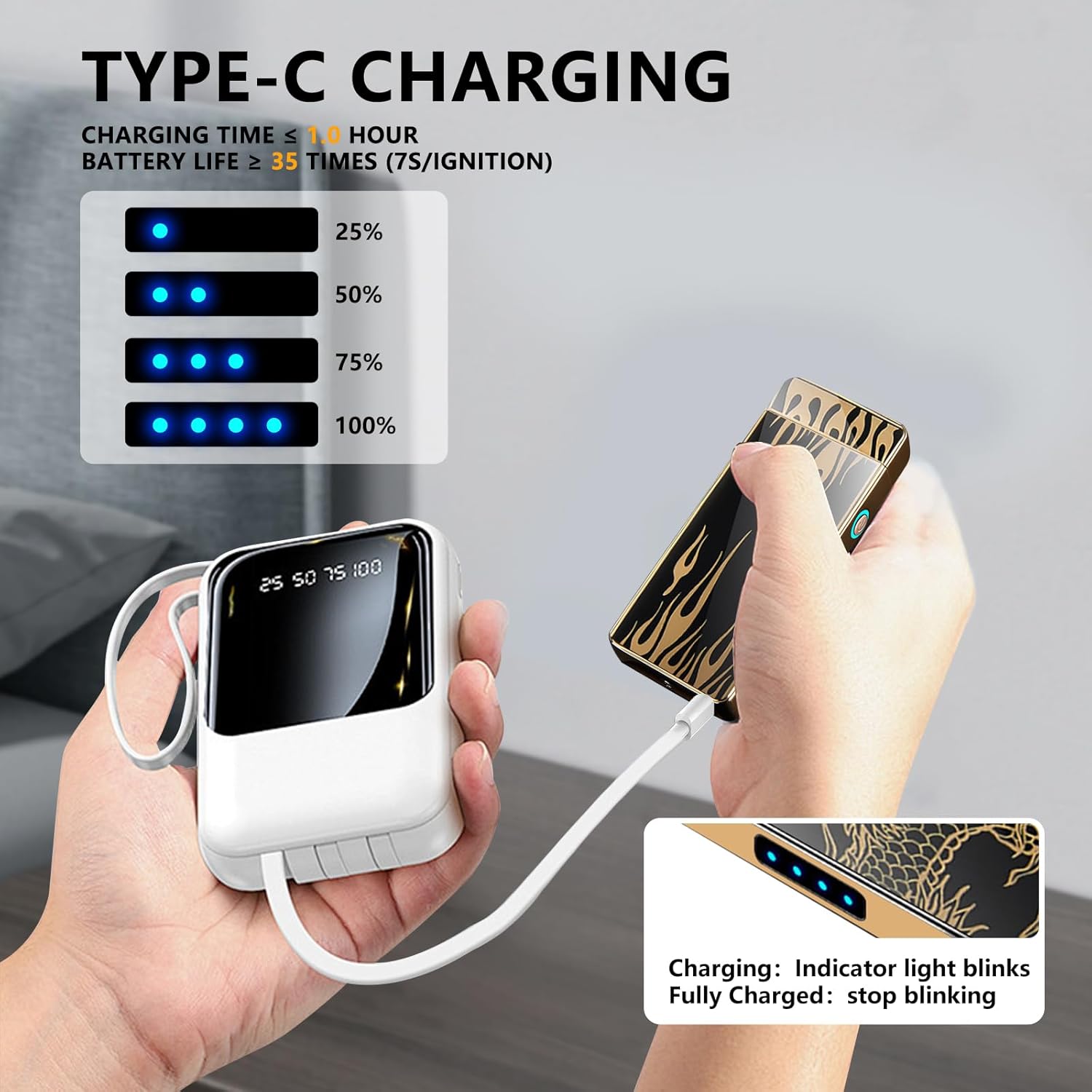 Electric Plasma Lighter - Rechargeable, Windproof with Battery Display, USB, Vintage for Candle, Fireworks, Incense Stick