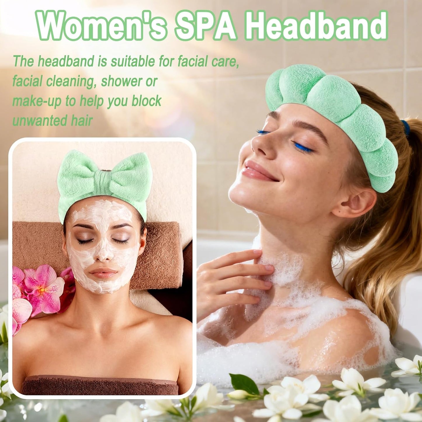 Zkptops 5Pcs Spa Headband for Washing Face Wristband Set Sponge Makeup Skincare Terry Cloth Bubble Soft Hairband Hair Claw Clips for Thick Hair Puffy Padded Headwear Non Slip Hairs Accessory (Green)