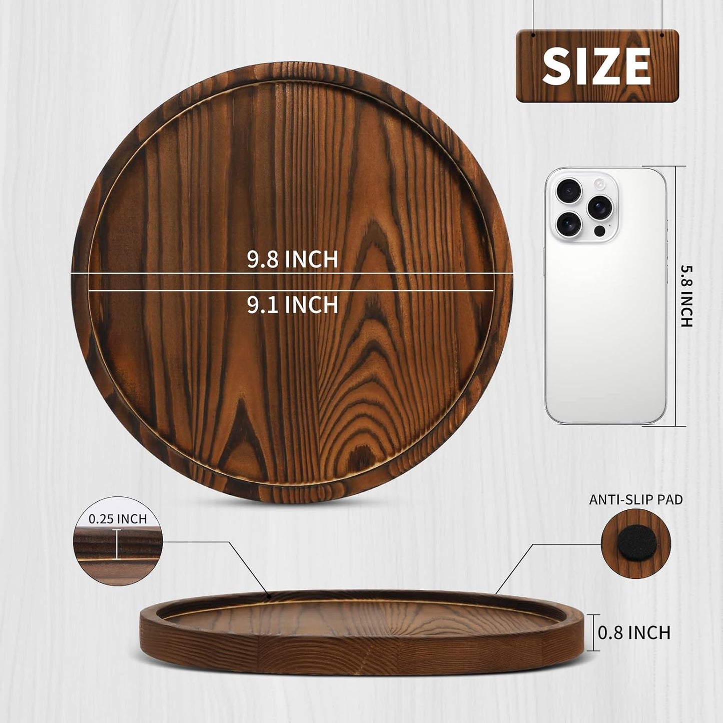 DEBETOOL Round Wooden Decorative Tray for Decor - Rustic Farmhouse Coffee Table Tray, Handmade Candle Holder Plate for Christmas Table Decorations and Centerpiece