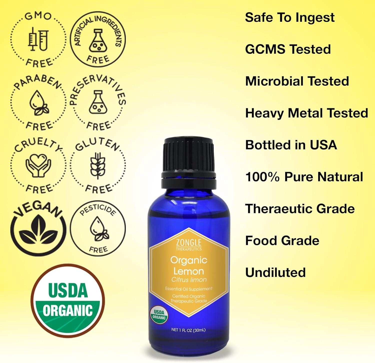 Organic, Lemon Essential Oil, Food Grade, for Cooking, Baking – 100% Pure, Lemon Oil, by Zongle Therapeutics, 1 OZ