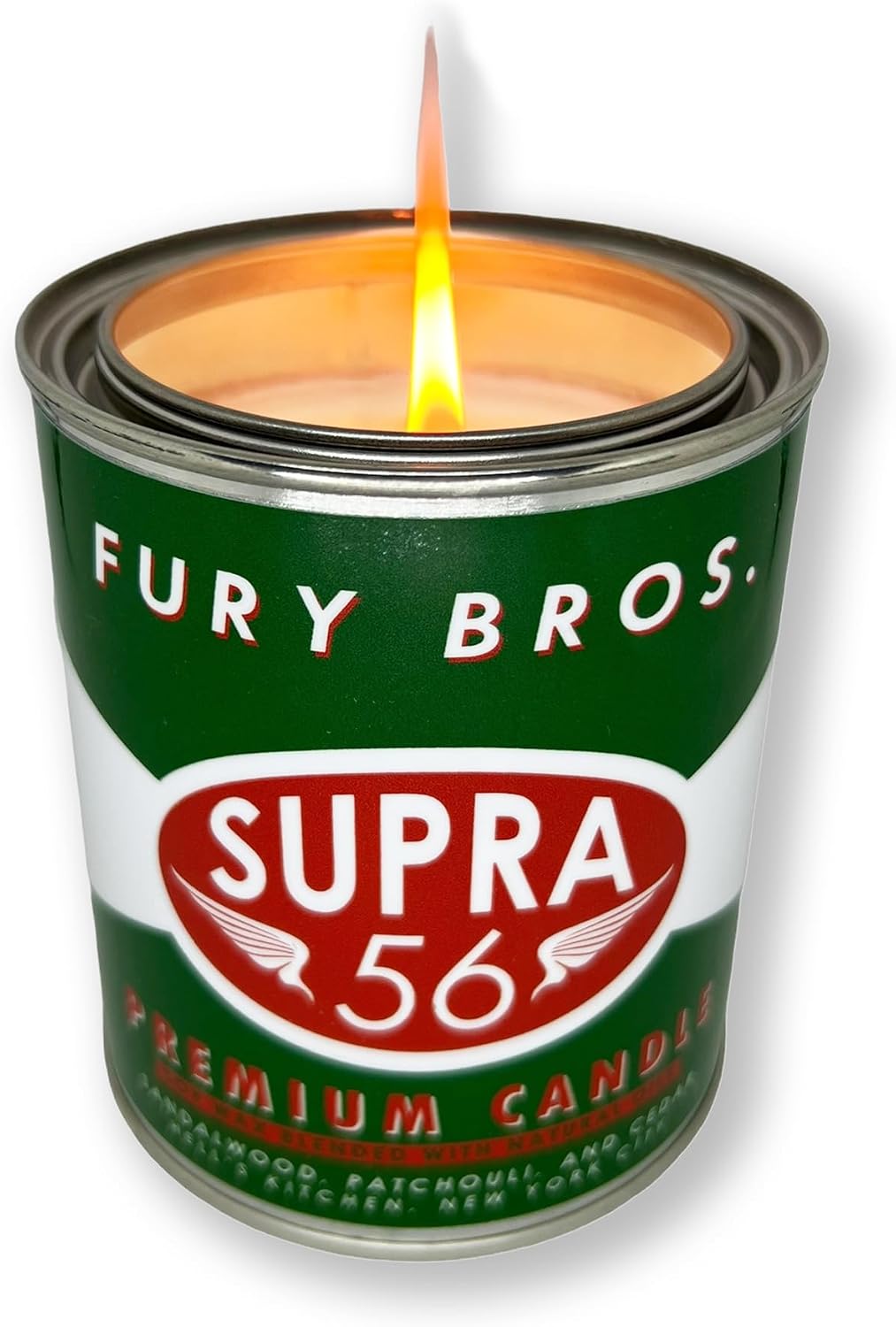Fury Bros. Scented Candles for Men | Supra 56 | Sandalwood Patchouli Cedar | Natural Soy Wax | Hand-Poured in the USA | Long 70-80 Hour Burn (12.5 oz) | Vintage-Inspired Tin Design | Dad Home Gift