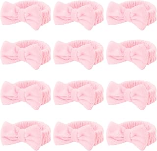 Casoty 12 Pcs Pink Spa Headband, Makeup Headband for Women, Soft Coral Fleece Skincare Headbands for Makeup, Bow Hair Band for Face Washing Shower Skin Care Yoga