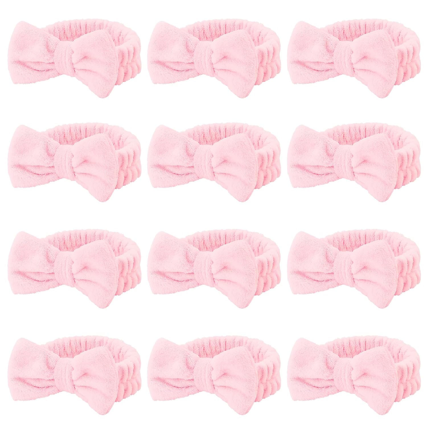 Casoty 12 Pcs Pink Spa Headband, Makeup Headband for Women, Soft Coral Fleece Skincare Headbands for Makeup, Bow Hair Band for Face Washing Shower Skin Care Yoga