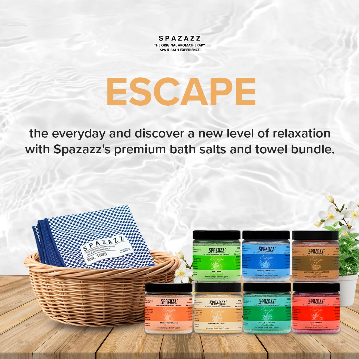 Hot Tub & Spa Bath Salt Aromatherapy Crystals - Spazazz Escape Collection 4 Oz 7-Pack Sampler & Hot Cold Towel - Lavender, Lime Coconut, Green Tea, Vanilla Jasmine, Kiwi Pear, Grapefruit, Pomegranate