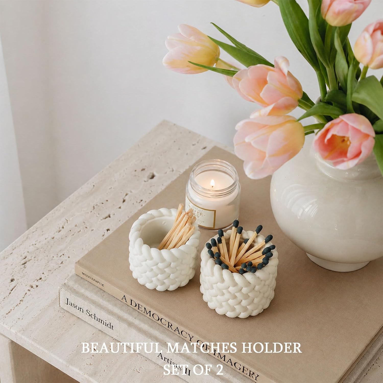 Concrete Match Holder with Striker Set of 2-Elegant Decorative Match in Jar-for Cute/Fancy/Mini Candle Matches,Refresh Any Modern Home Decor with Premium Jar Set 2（No Matches）