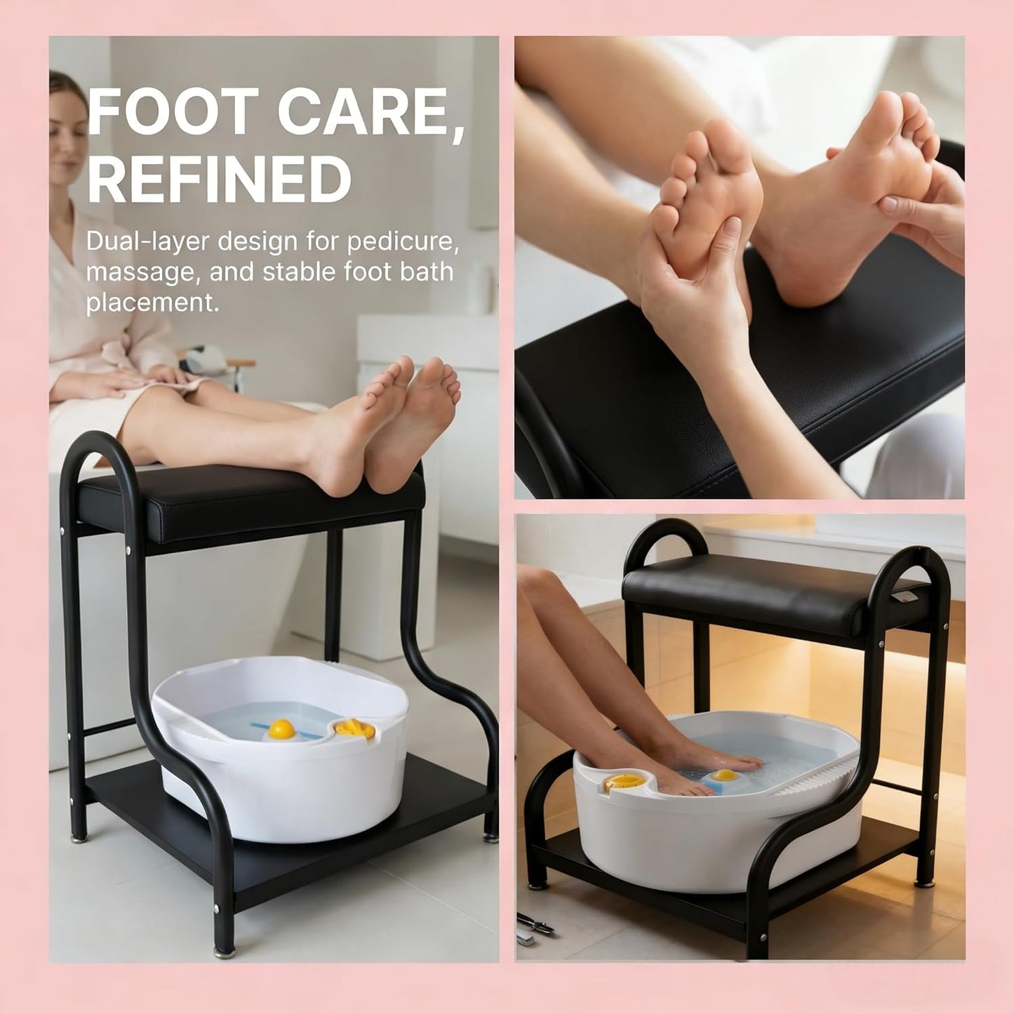 Foot Bath Spa Trolley Cart, Heavy-Duty Reinforced Frame Pedicure Stool with Magnifier Lamp Hole & Foot Rest, Ergonomic Multi-Purpose Foot Massage Manicure Station for Salon/Home, Black