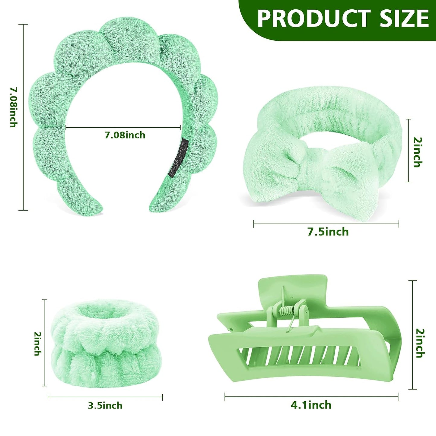 Zkptops 5Pcs Spa Headband for Washing Face Wristband Set Sponge Makeup Skincare Terry Cloth Bubble Soft Hairband Hair Claw Clips for Thick Hair Puffy Padded Headwear Non Slip Hairs Accessory (Green)