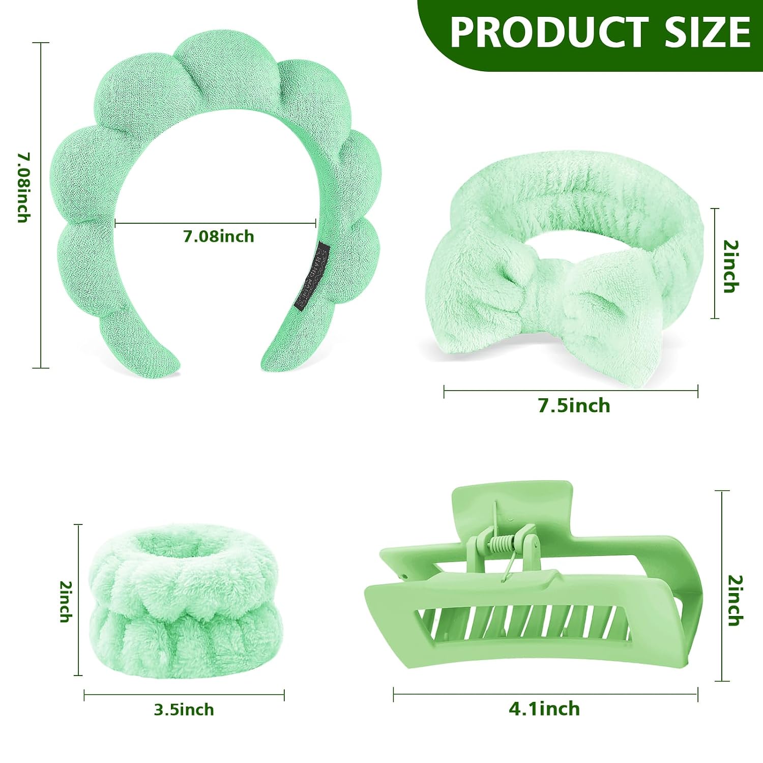 Zkptops 5Pcs Spa Headband for Washing Face Wristband Set Sponge Makeup Skincare Terry Cloth Bubble Soft Hairband Hair Claw Clips for Thick Hair Puffy Padded Headwear Non Slip Hairs Accessory (Green)