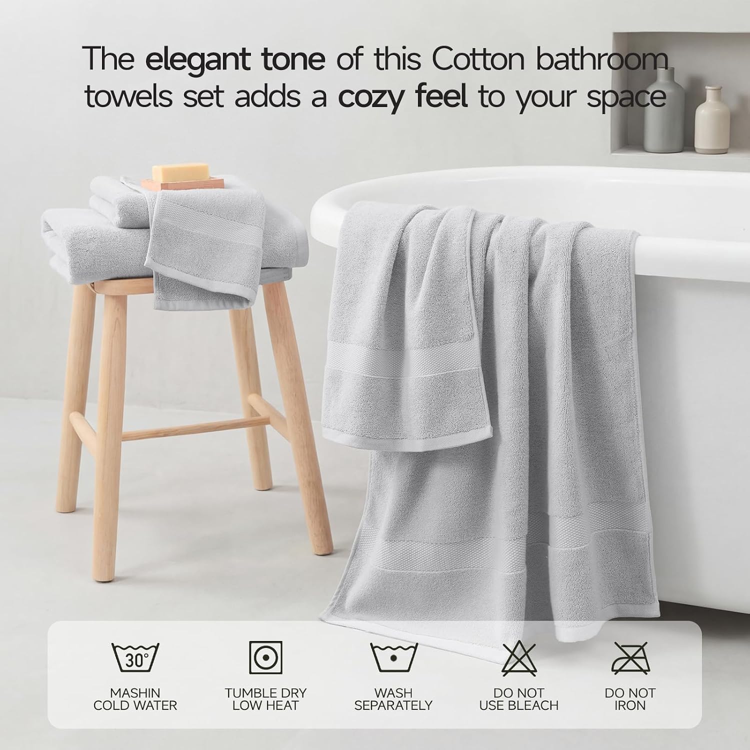 ecolook 6-Piece Bath Towel Set, 100% Cotton, Ultra Soft & Quick Dry | 2 Bath Towels 28x55 Inch, 2 Hand Towels, 2 Washcloths, Lightweight Highly Absorbent Towels for Bathroom, Spa, Gym, Light Gray