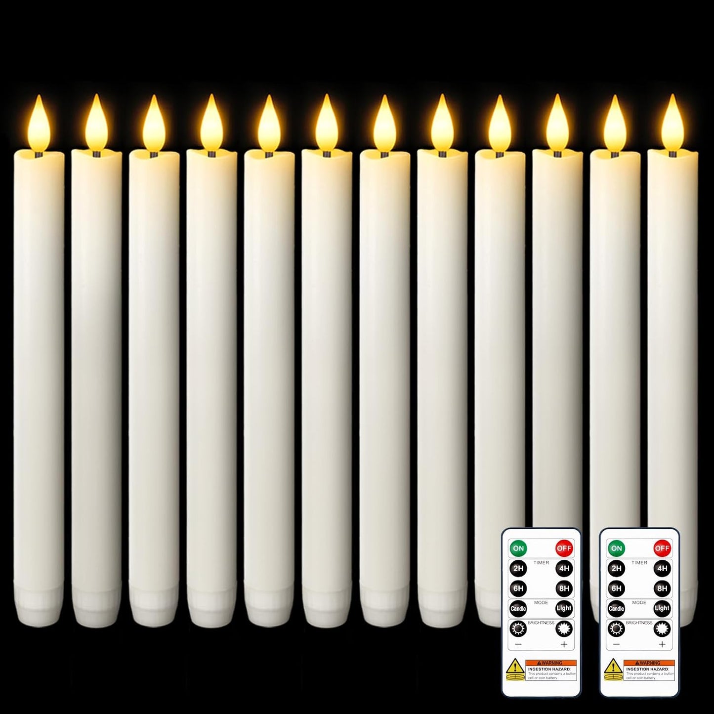 Homemory 12 Pcs Waxy Flameless Taper Candles with Remote, Flickering Battery Operated, LED Flameless Candlesticks, Classic Tall Taper Candles for Home, Wedding, Party, White, 9.6 inches