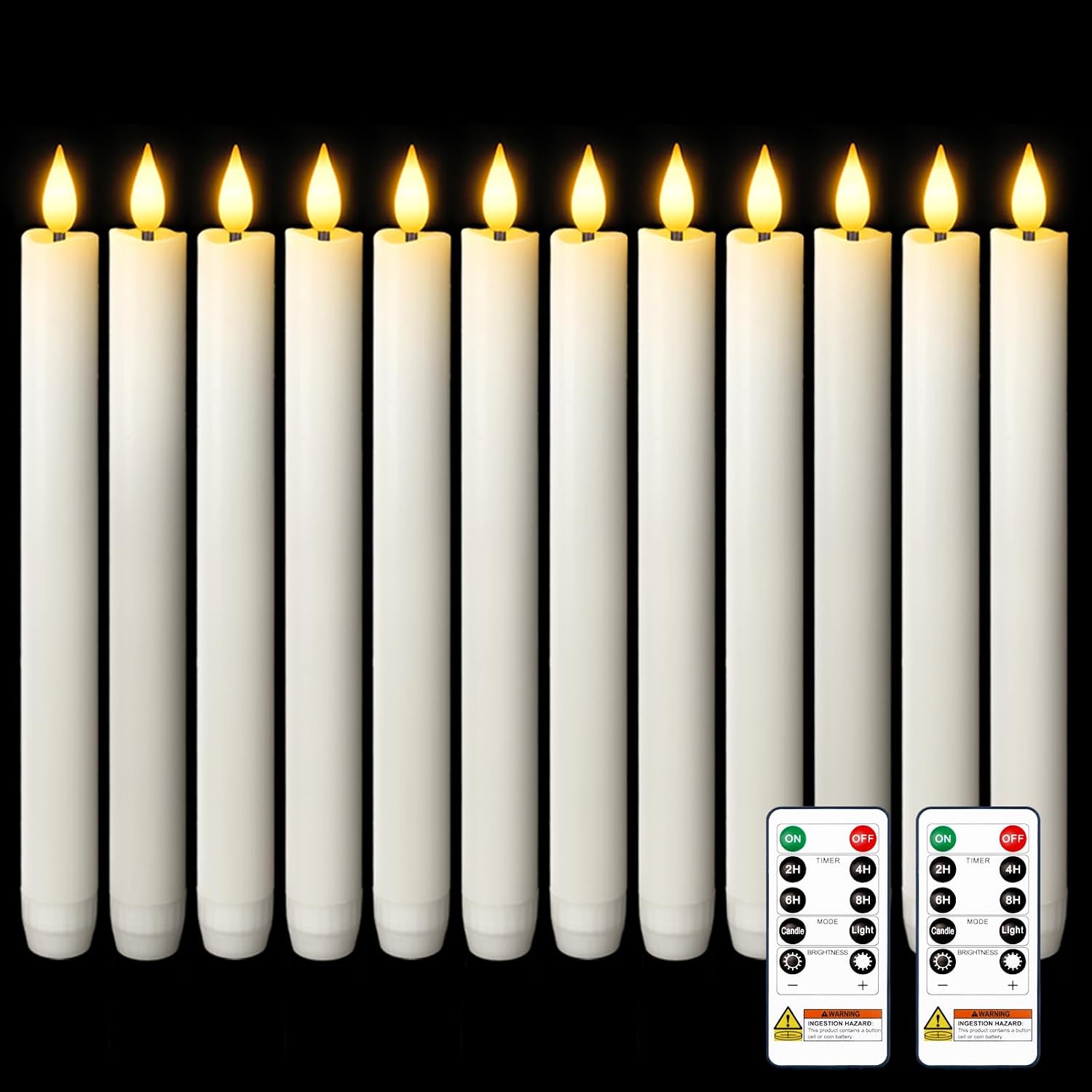 Homemory 12 Pcs Waxy Flameless Taper Candles with Remote, Flickering Battery Operated, LED Flameless Candlesticks, Classic Tall Taper Candles for Home, Wedding, Party, White, 9.6 inches