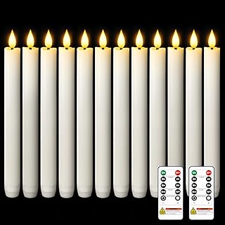 Homemory 12 Pcs Waxy Flameless Taper Candles with Remote, Flickering Battery Operated, LED Flameless Candlesticks, Classic Tall Taper Candles for Home, Wedding, Party, White, 9.6 inches