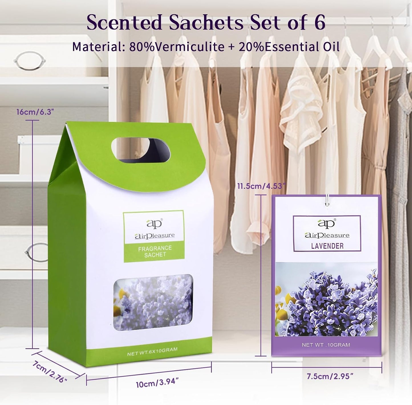 Lavender Scented Sachets Bag 6 Pack for Drawers & Closets, Long-Lasting Sachets Bags Wardrobe Freshener, Drawer Deodorizer Fresh Scents Home Fragrance Air Freshener Bags for Home Room