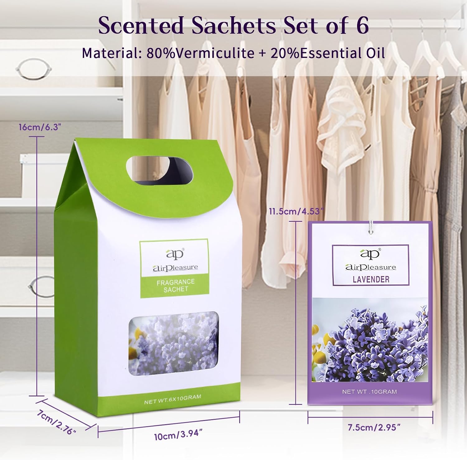 Lavender Scented Sachets Bag 6 Pack for Drawers & Closets, Long-Lasting Sachets Bags Wardrobe Freshener, Drawer Deodorizer Fresh Scents Home Fragrance Air Freshener Bags for Home Room