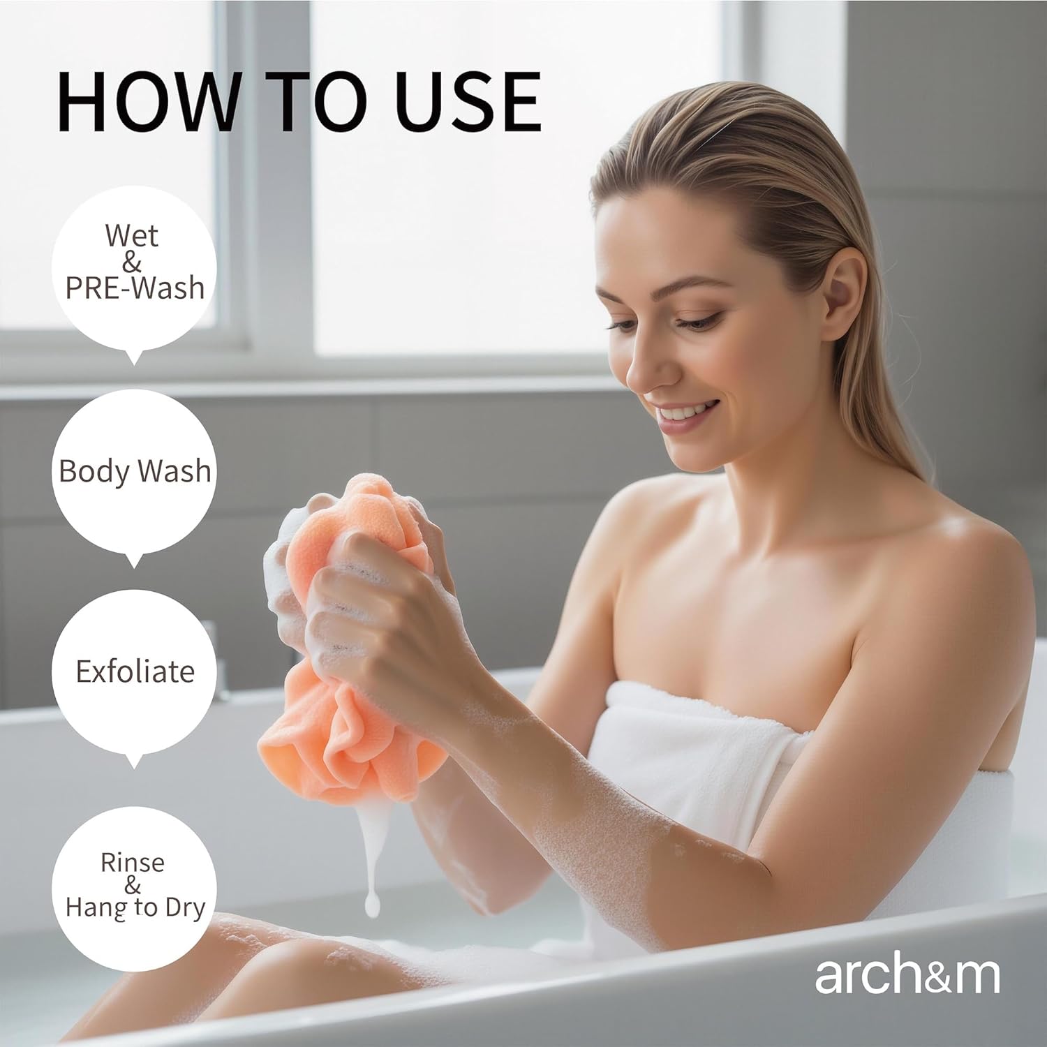 ARCH&M Exfoliating Washcloth & Shower Body Scrubber, 35 Inch, 3 Pack | Japanese & Korean Back Scrubber Towel, All Skin Type Daily Use in Shower, Textured Nylon, Smoother Skin, Quick-Dry