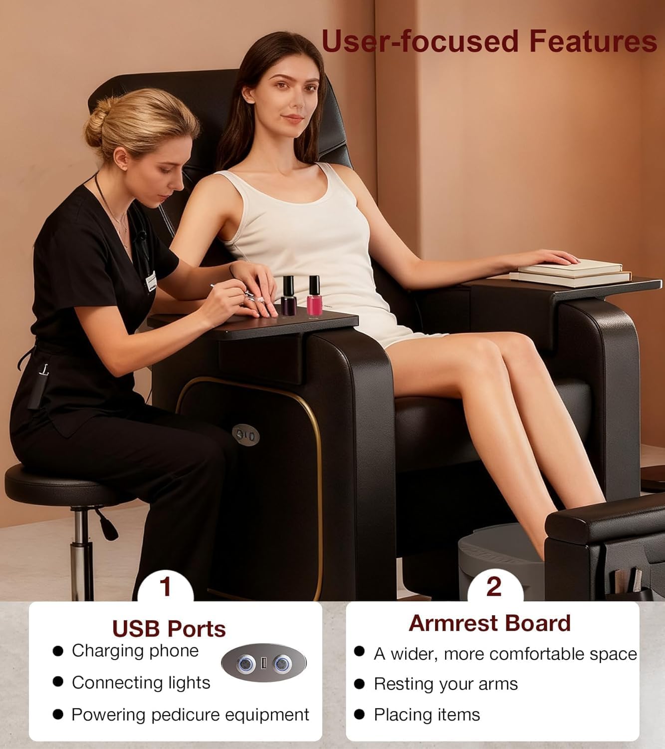 VARONXE Electric Pedicure Chair No Plumbing, Recliner Sofa with Massage for Foot Bath, Pedicure Station for Foot Spa with Tool Pouch for Small Spaces, Black