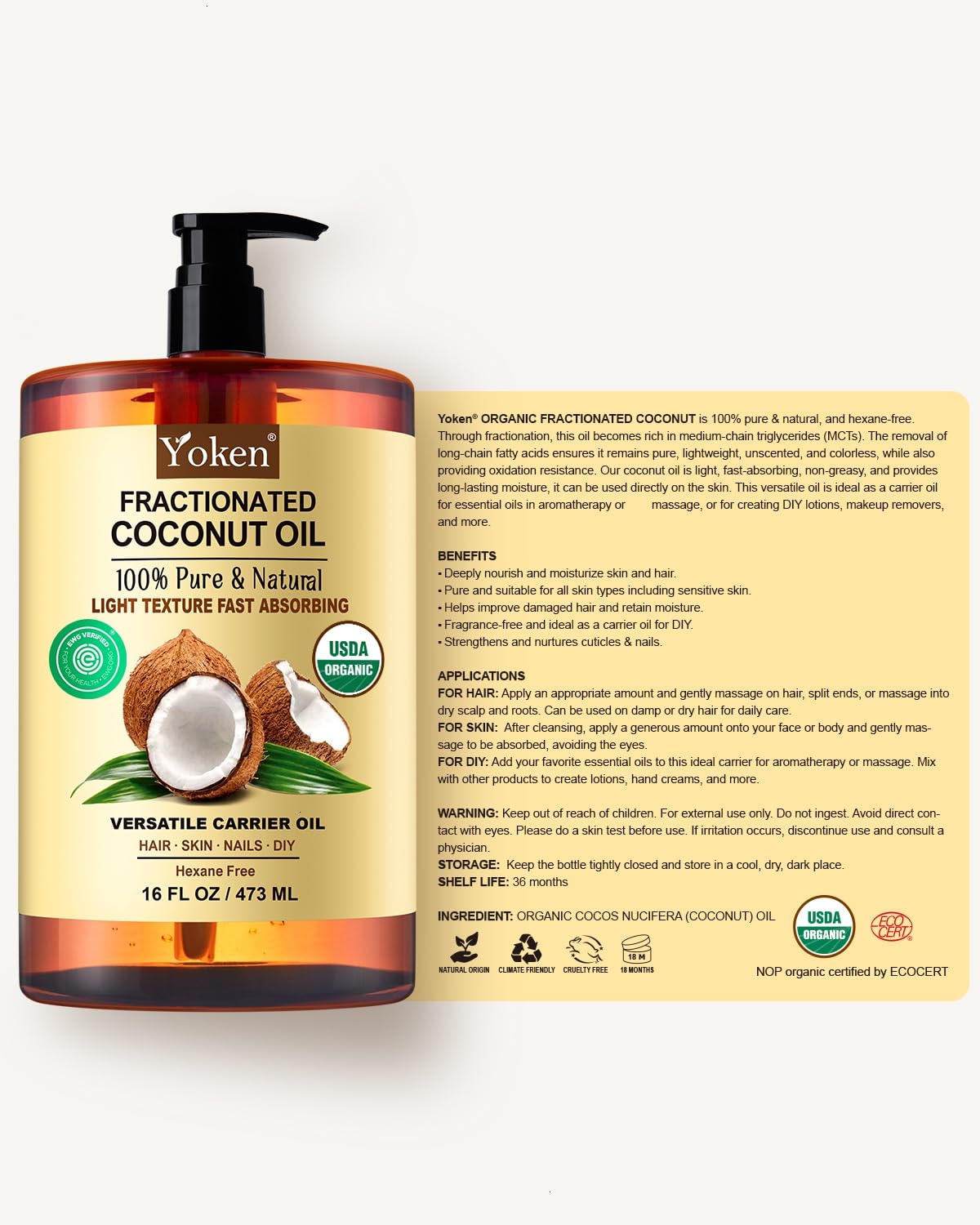 Yoken USDA Certified Fractionated Coconut Oil for Skin 16 Oz, Organic Liquid Coconut oils, Moisturizer for Hair, Face, Body, Carrier oil for Essential Oils Mixing, Massage, Hexane Free, Unscented