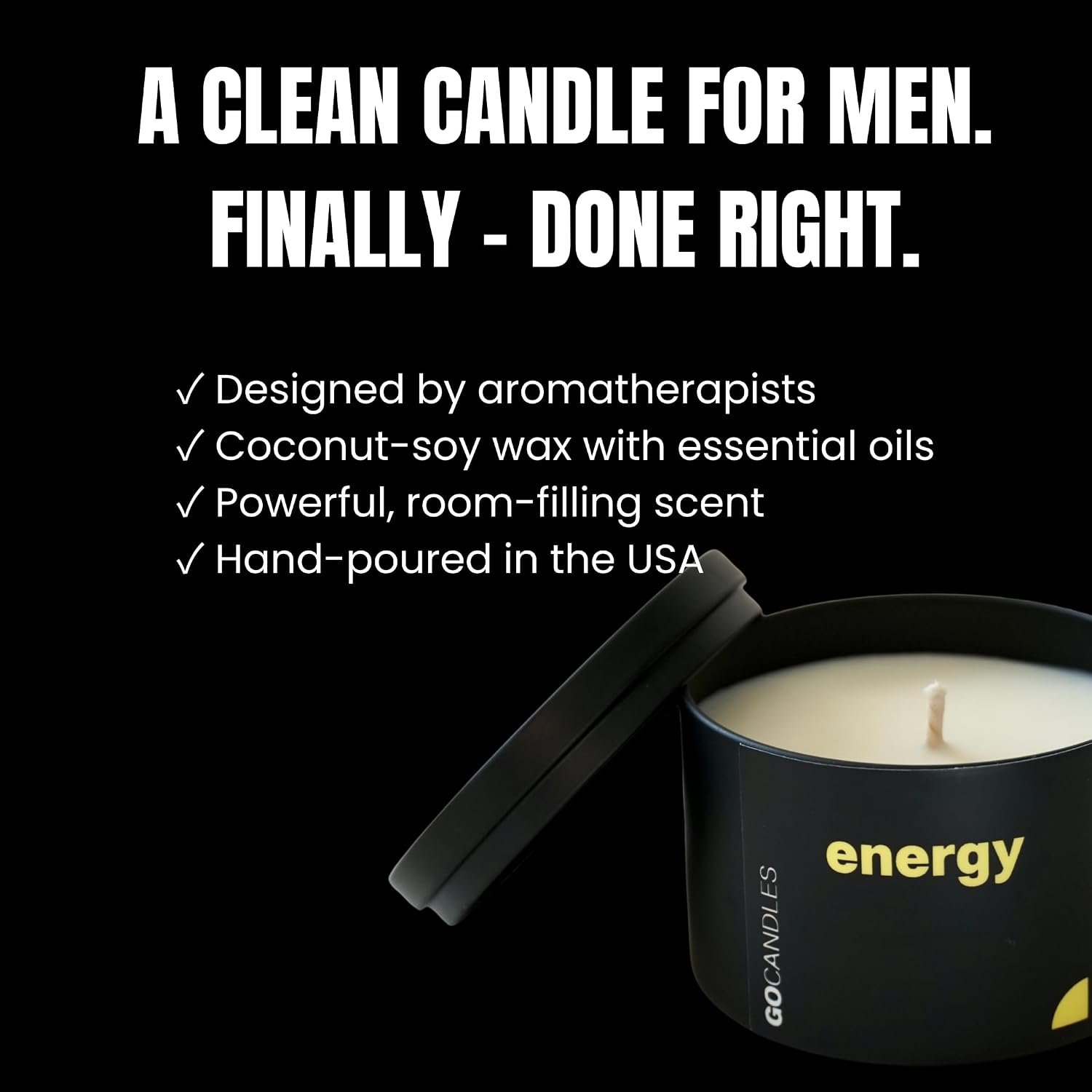 GO Candles Energy Large Scented Candle for Men & Women | Uplifting Citrus & Spice | 100% Natural Non-Toxic | Coconut Soy Wax with Essential Oils | Hand-Poured in USA | Long Lasting Aromatherapy Gift